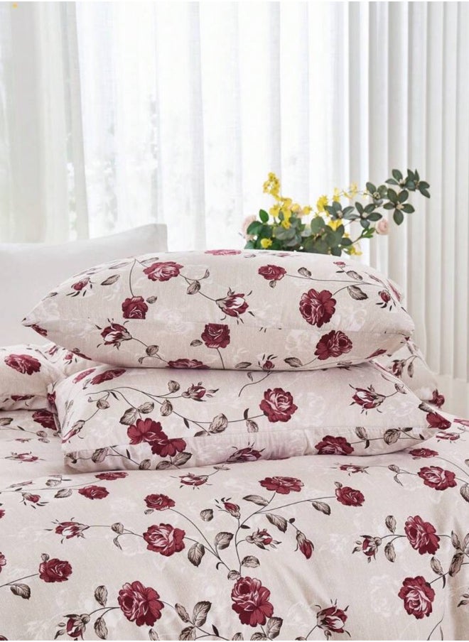 Queen size 6-piece duvet cover set beige with vintage red rose print.