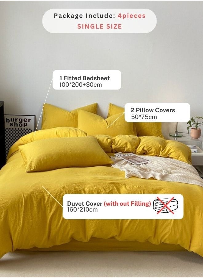 Single Size 4 piece Bedding Set Without Filling, Washable Cotton Yellow Color.