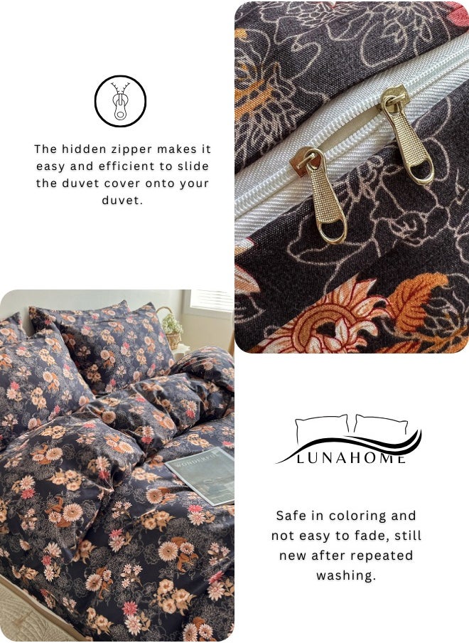 Queen size 6-piece duvet cover set featuring a charming vintage print, brown color.