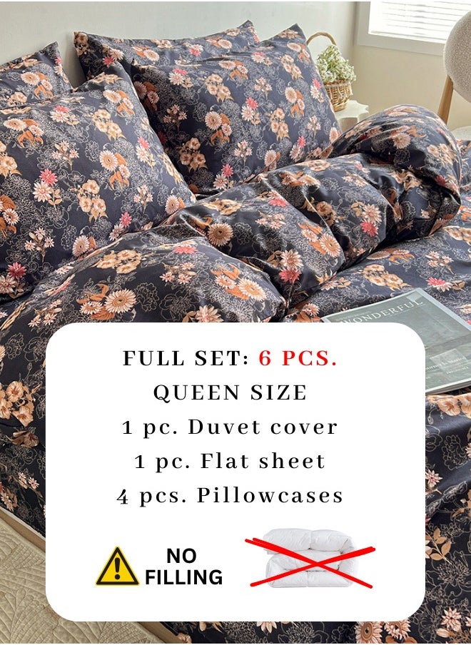 Queen size 6-piece duvet cover set featuring a charming vintage print, brown color.