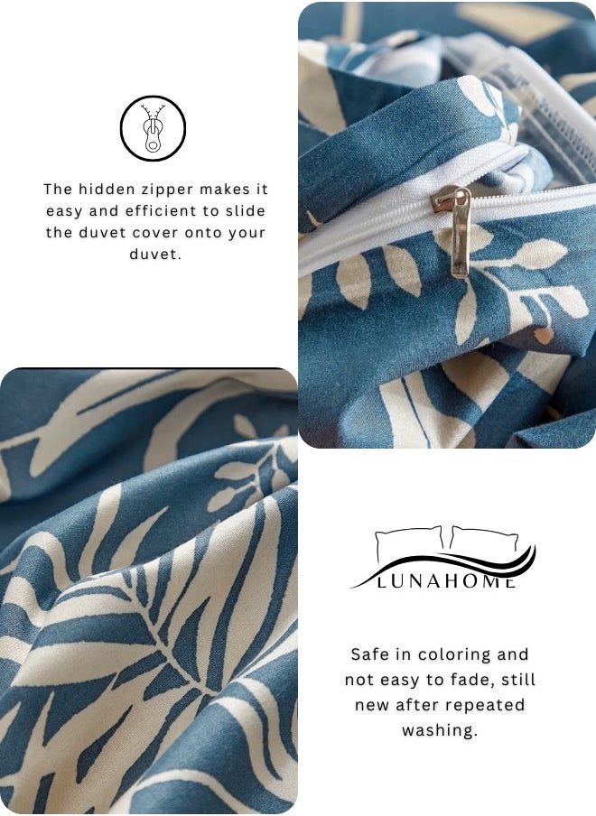 Queen size 6-piece blue with beige leaf style duvet cover set.