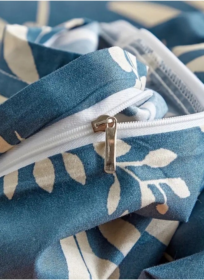 Queen size 6-piece blue with beige leaf style duvet cover set.