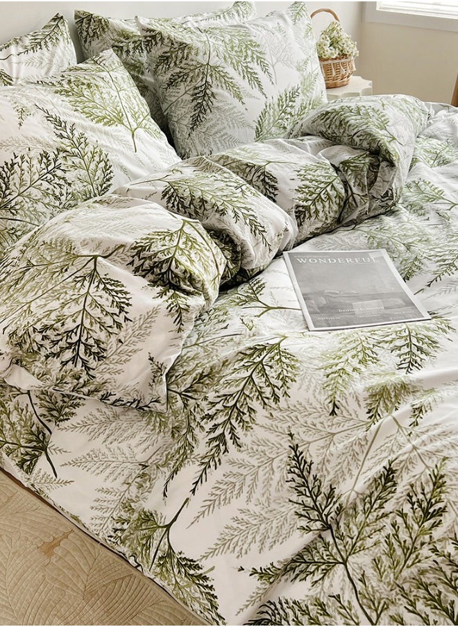 King size 6-piece modern duvet cover set with green leaf pattern.