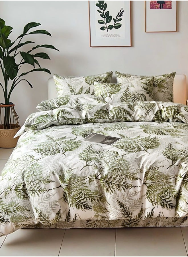 King size 6-piece modern duvet cover set with green leaf pattern.