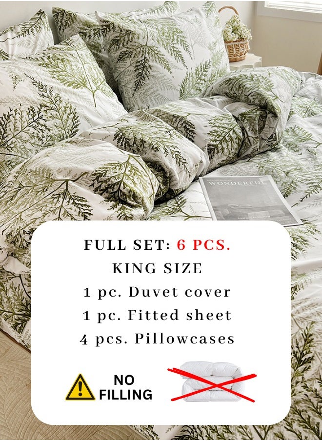 King size 6-piece modern duvet cover set with green leaf pattern.