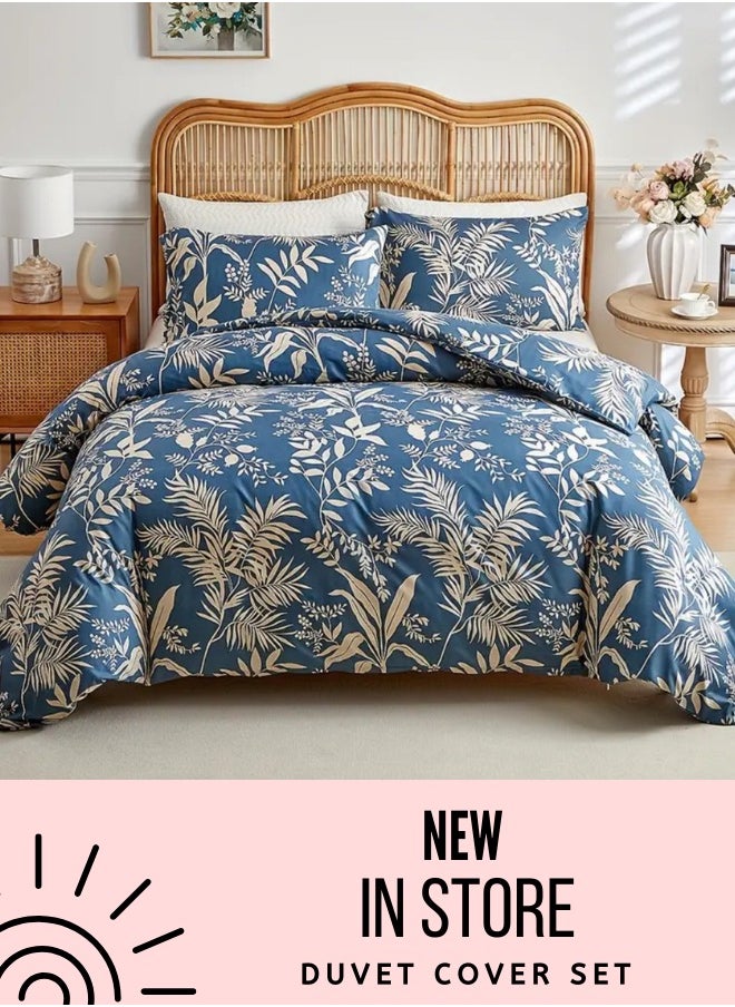 King size 6-piece blue with beige leaf style duvet cover set.