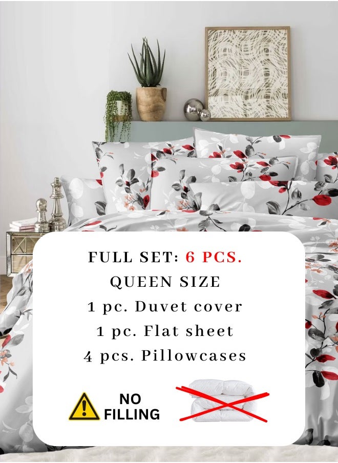 Queen size 6-piece modern duvet cover set with red leaf pattern.