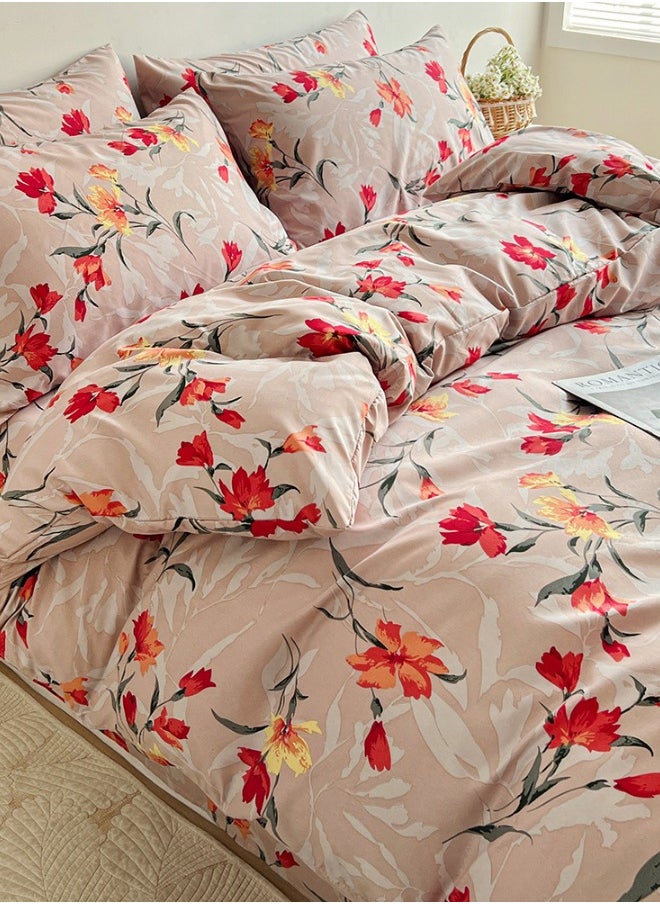 Queen size 6-piece modern duvet cover set with orange floaral design.