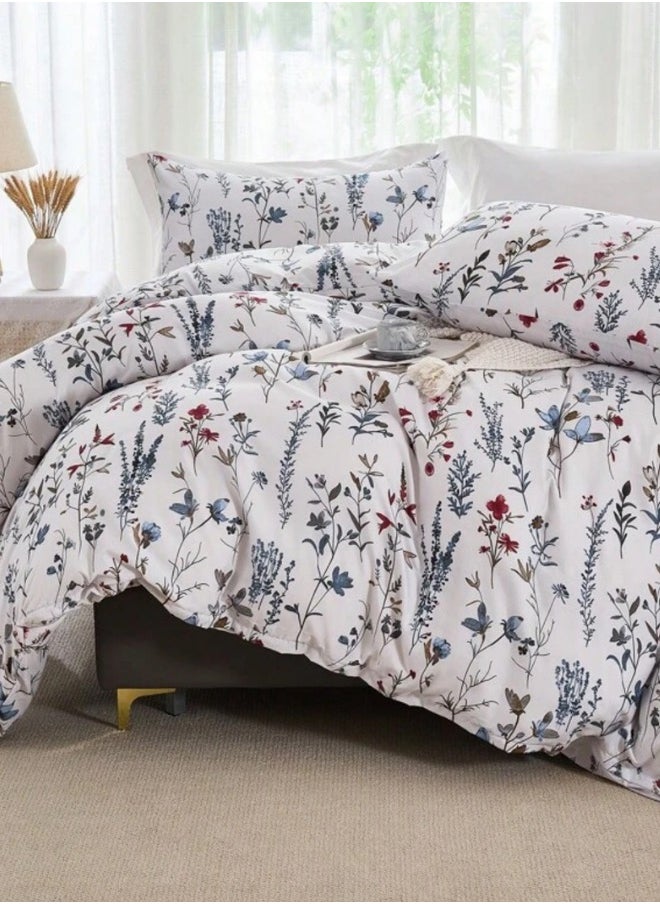 Queen size 6-piece blue bedding set featuring a botanical floral design duvet cover.