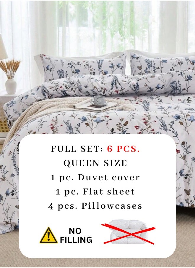 Queen size 6-piece blue bedding set featuring a botanical floral design duvet cover.