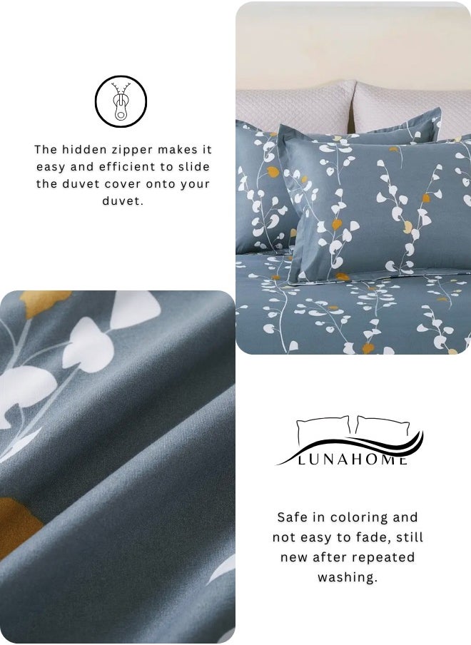 Queen size 6-piece duvet cover set grey yellow branches print pattern.