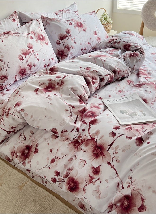Queen size 6-piece duvet cover set featuring a Sakura Dusty Pink print on a white background.