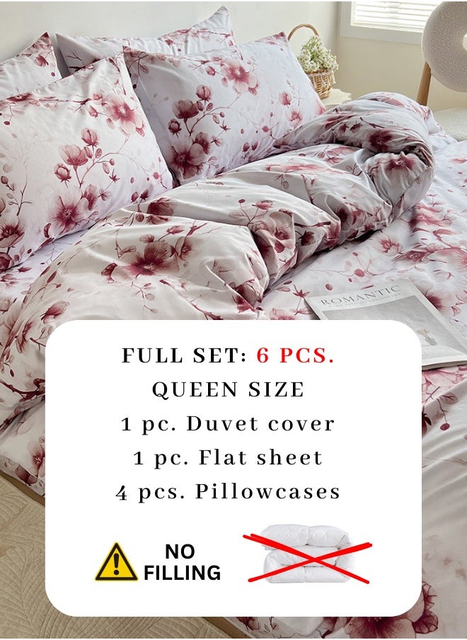 Queen size 6-piece duvet cover set featuring a Sakura Dusty Pink print on a white background.