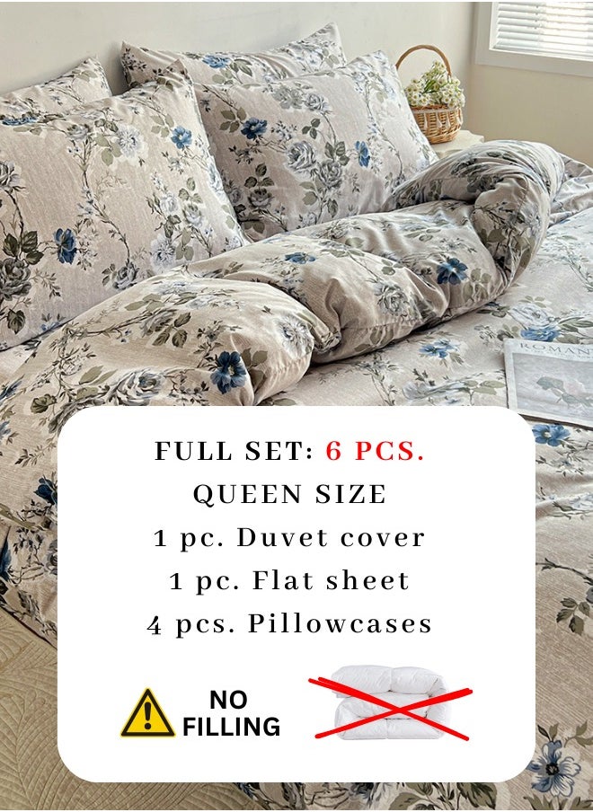 Queen size 6-piece duvet cover set with blue roses.