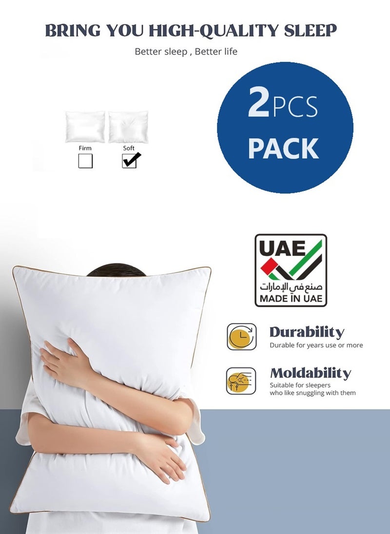 2 Piece Pack Single Piping Soft Bed Pillow White With Gold Line 50x70cm Made in Uae