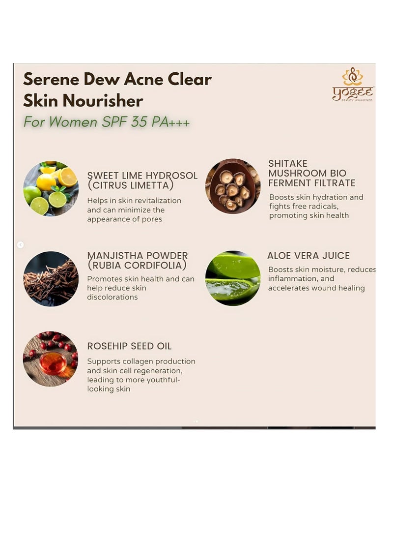 YOGEE Acne Clear Skin Nourisher with SPF 35 PA+++ | Face Cream for Acne and Wrinkle Reduction | Manjistha, Rosehip oil | For Men and Women | 30ml