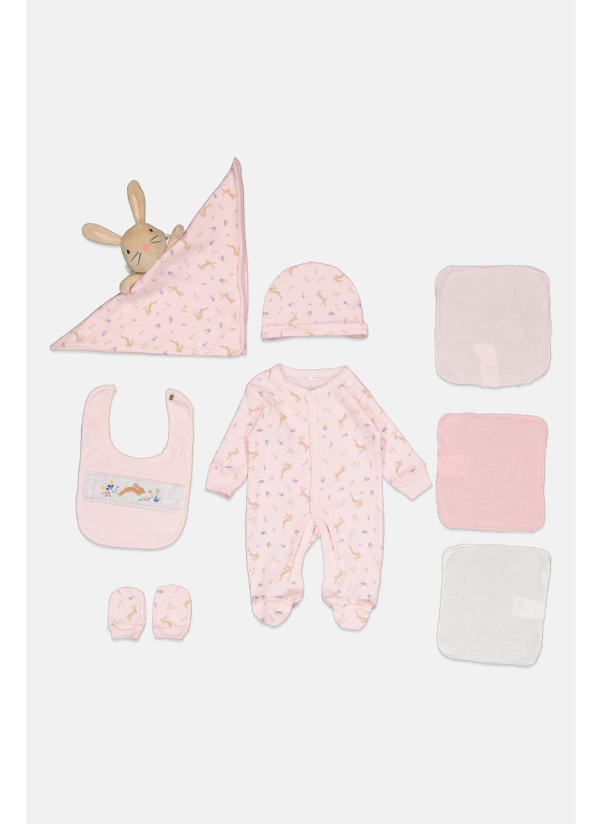 Toddlers Girl 8  Pieces Floral Bodysuit And Pants Hanging Gift Set, Pink