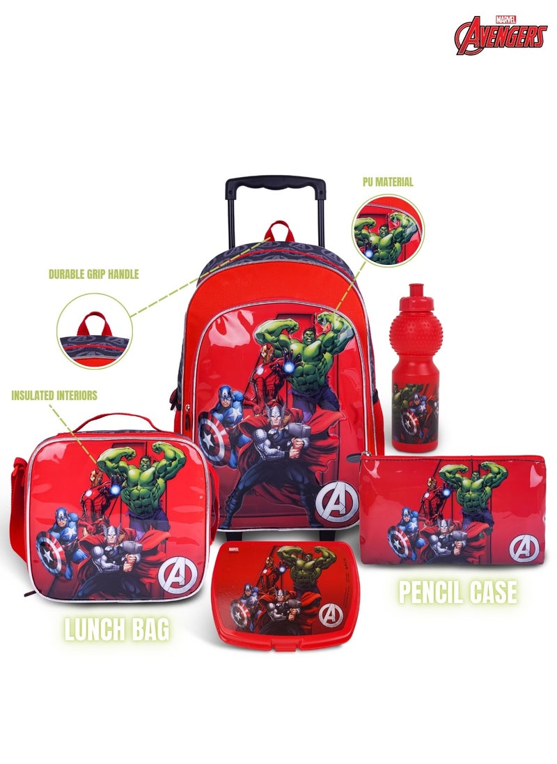 Avengers 5-in-1 Trolley School Bag Set - Ergonomic Backpack, Water Bottle, Lunch Box, Insulated Bag & Pencil Case, Lightweight & Durable, for Boys 6+, Perfect for School & Travel