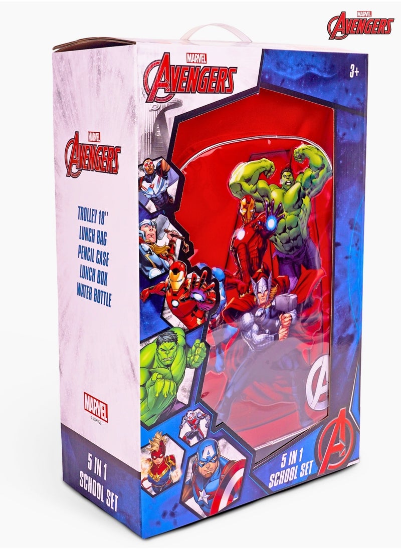 Avengers 5-in-1 Trolley School Bag Set - Ergonomic Backpack, Water Bottle, Lunch Box, Insulated Bag & Pencil Case, Lightweight & Durable, for Boys 6+, Perfect for School & Travel