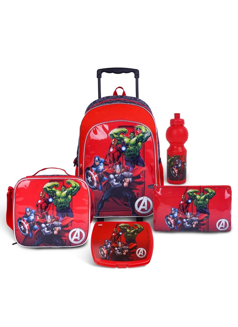 Avengers 5-in-1 Trolley School Bag Set - Ergonomic Backpack, Water Bottle, Lunch Box, Insulated Bag & Pencil Case, Lightweight & Durable, for Boys 6+, Perfect for School & Travel