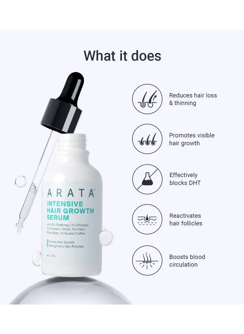 Arata Intensive Hair Growth Serum With 3% Redensyl, 3% Procapil, Onion, Turmeric, Rice Water | Controls Hair Fall, Stimulates Hair Growth, Increases Hair Density | Hair Growth Serum for Men & Women |