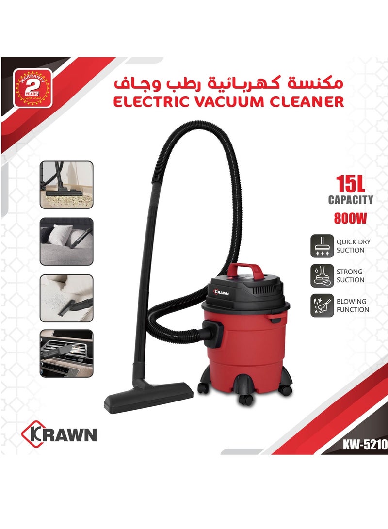 Wet & Dry Electric Vacuum Cleaner – 15 Liter, 800W, Multi-Function with Air Blower, Strong Suction, Ideal for Home & Workshop 15 L 800 W 52103 red