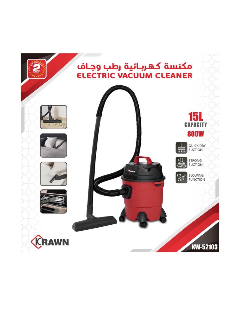 Wet & Dry Electric Vacuum Cleaner – 15 Liter, 800W, Multi-Function with Air Blower, Strong Suction, Ideal for Home & Workshop 15 L 800 W 52103 red