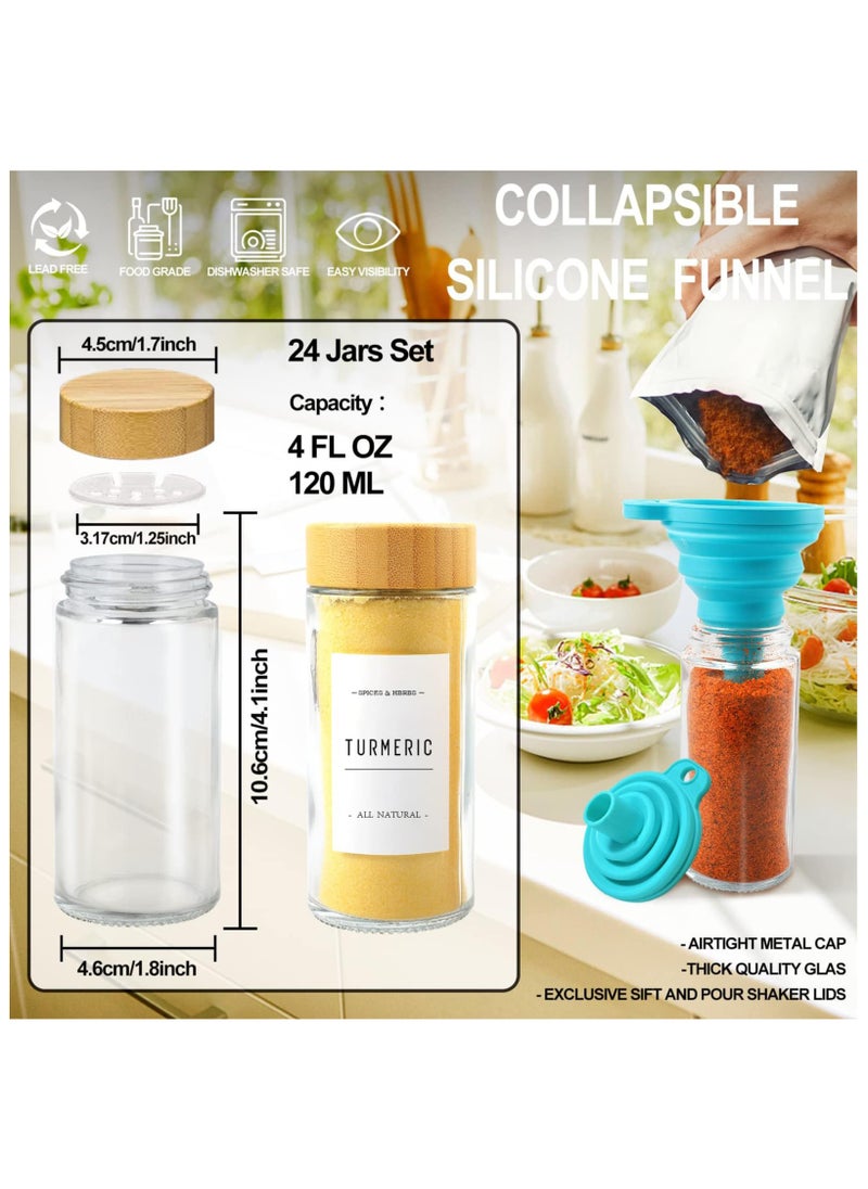 24 Glass Spice Jars Set 4oz Empty Rounded Spice Containers Glass Spice Box set with Bamboo Lids Labels Stickers Shaker Lids Paint Pen Silicone Collapsible Funnel Brush