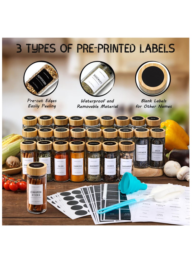 24 Glass Spice Jars Set 4oz Empty Rounded Spice Containers Glass Spice Box set with Bamboo Lids Labels Stickers Shaker Lids Paint Pen Silicone Collapsible Funnel Brush