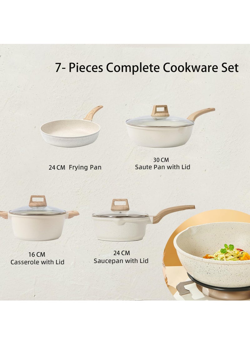 7 Pieces Pots and Pans Set with Lid Soup Pot, Nonstick For Kitchen, Maifan Stone Pot Cookware Cooking Set, Frying Pans, Saucepans, Stew Pot Cooking Pot Cookware PFOA Free,White