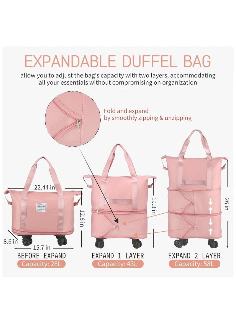 Rolling Duffle Bag with Wheels Expandable Foldable Duffle Bag with Wheels and Handle for Travel Rolling Luggage bag Carry on Duffel Bag Wheeled Travel Duffle Bag Large Weekend Bag (Pink)