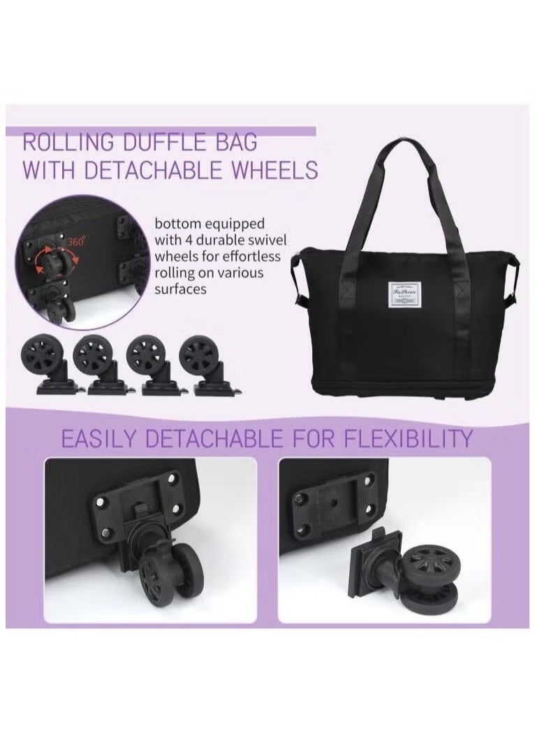 Rolling Duffle Bag with Wheels, Expandable Foldable Duffle Bag with Wheels and Handle for Travel, Rolling Luggage bag Carry on Duffel Bag, Wheeled Travel Duffle Bag, Large Weekend Bag (Black)