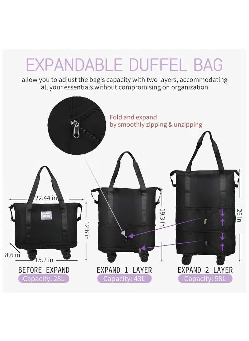 Rolling Duffle Bag with Wheels, Expandable Foldable Duffle Bag with Wheels and Handle for Travel, Rolling Luggage bag Carry on Duffel Bag, Wheeled Travel Duffle Bag, Large Weekend Bag (Black)