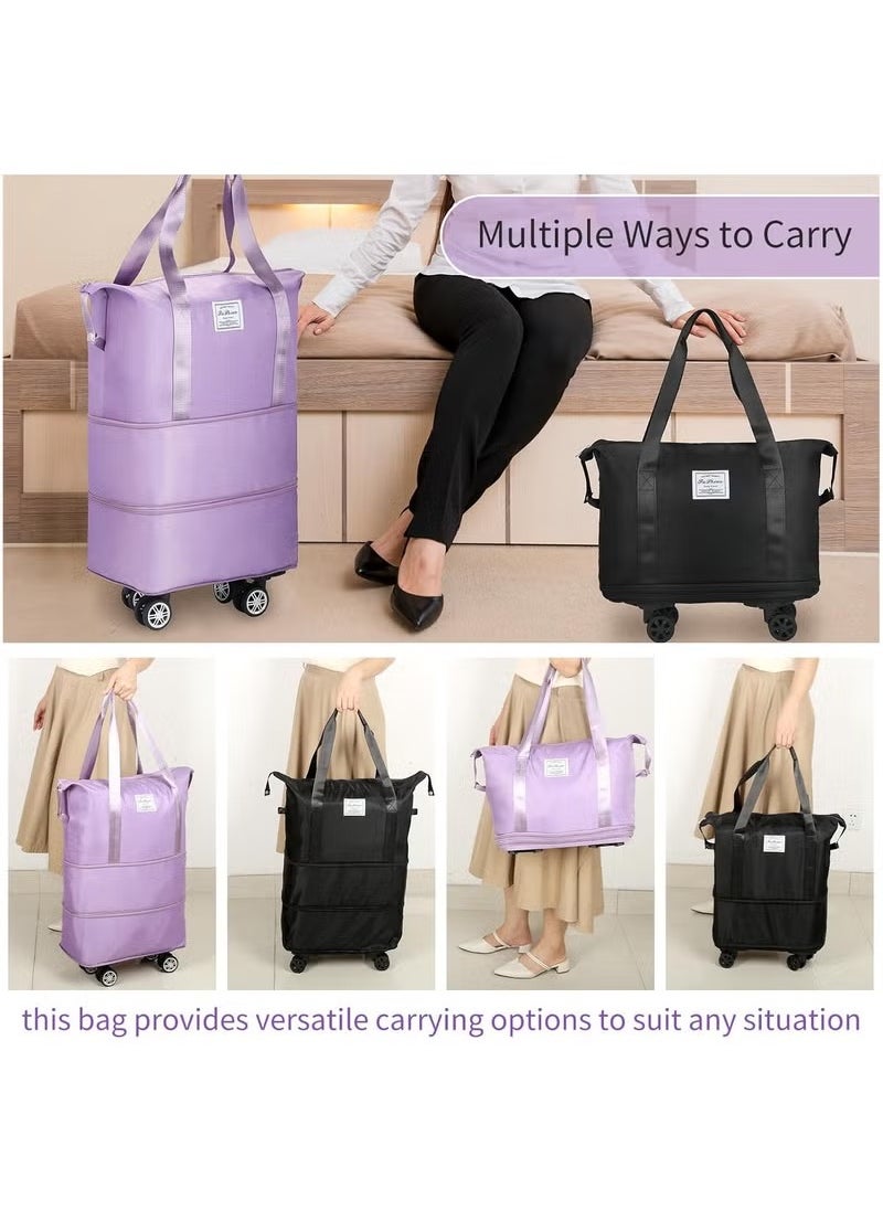 Rolling Duffle Bag with Wheels, Expandable Foldable Duffle Bag with Wheels and Handle for Travel, Rolling Luggage bag Carry on Duffel Bag, Wheeled Travel Duffle Bag, Large Weekend Bag (Black)