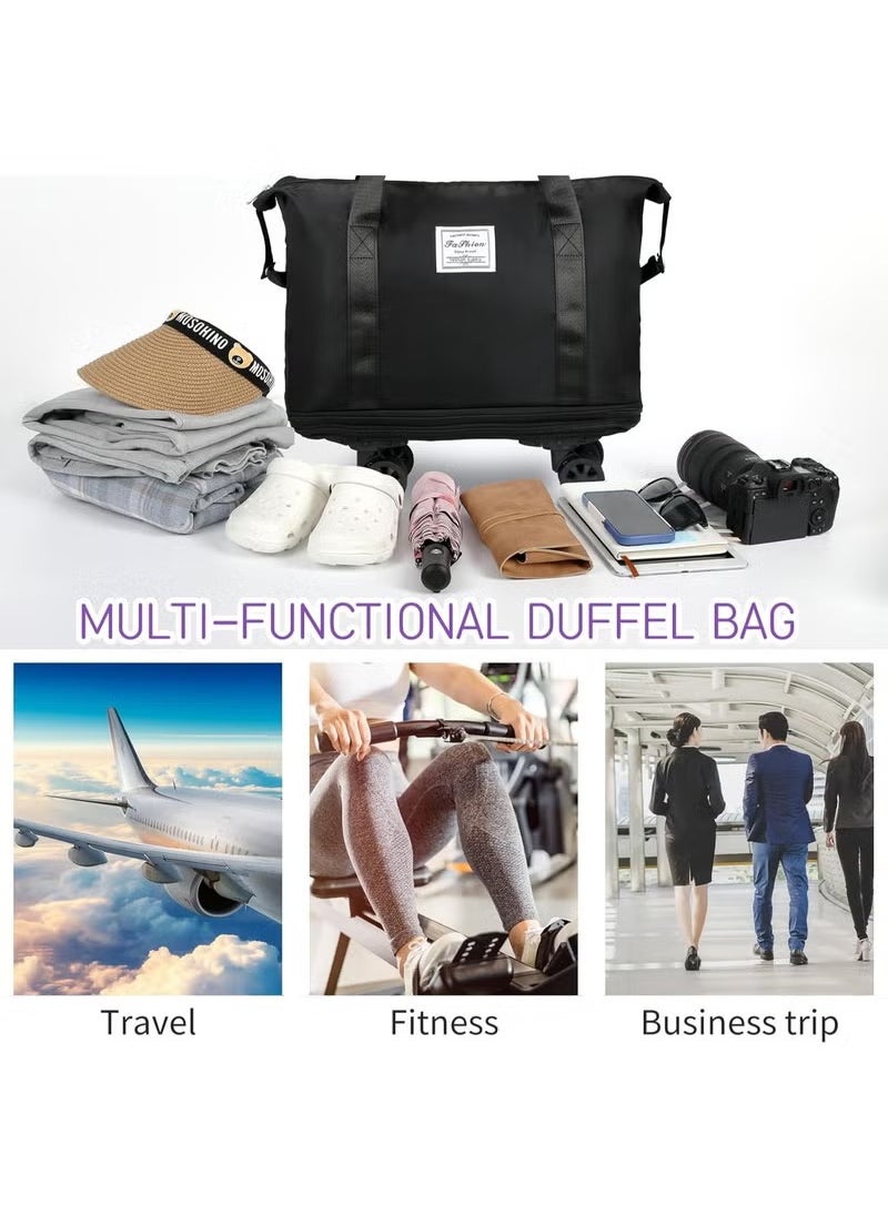 Rolling Duffle Bag with Wheels, Expandable Foldable Duffle Bag with Wheels and Handle for Travel, Rolling Luggage bag Carry on Duffel Bag, Wheeled Travel Duffle Bag, Large Weekend Bag (Black)