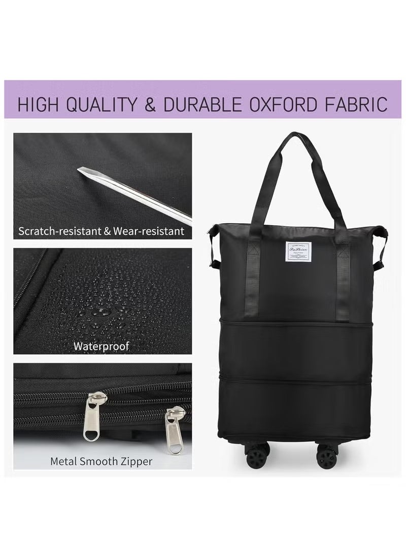 Rolling Duffle Bag with Wheels, Expandable Foldable Duffle Bag with Wheels and Handle for Travel, Rolling Luggage bag Carry on Duffel Bag, Wheeled Travel Duffle Bag, Large Weekend Bag (Black)