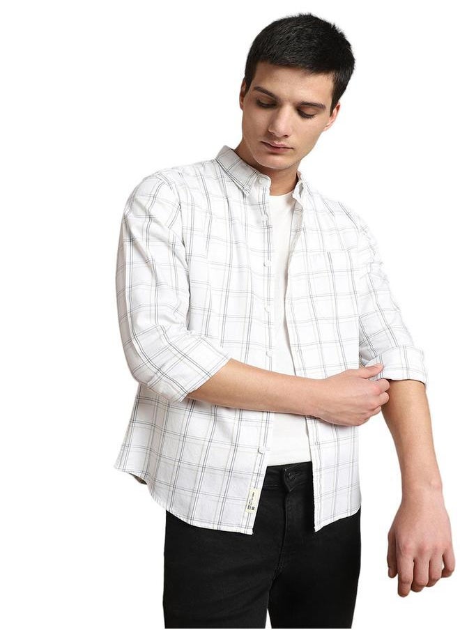 Slim Fit White 100% Cotton Checked Shirt for Men - Button Down Collar, Full Sleeves, Casual,