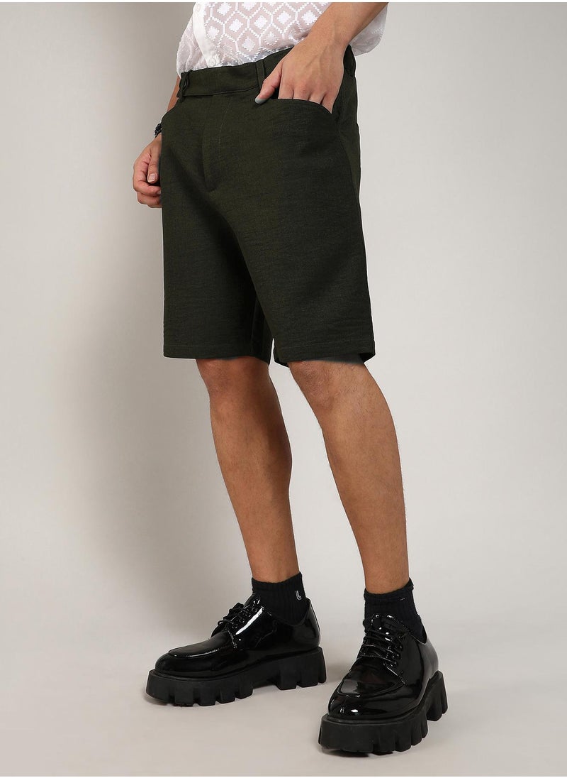 Men's Army Green Tailored Poly-Linen Shorts