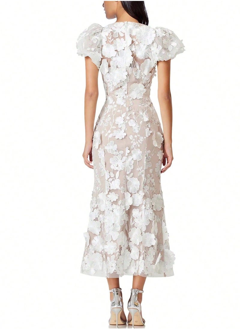New White Luxury Round Neck Embroidered 3D Floral Puff Sleeve Mid-Length Dress