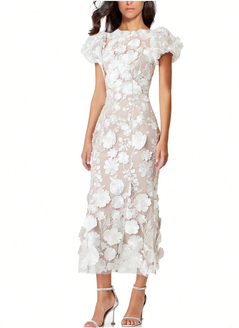 New White Luxury Round Neck Embroidered 3D Floral Puff Sleeve Mid-Length Dress