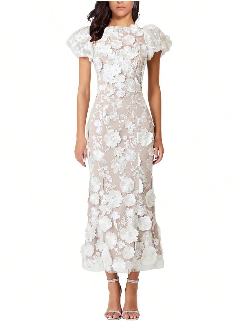 New White Luxury Round Neck Embroidered 3D Floral Puff Sleeve Mid-Length Dress