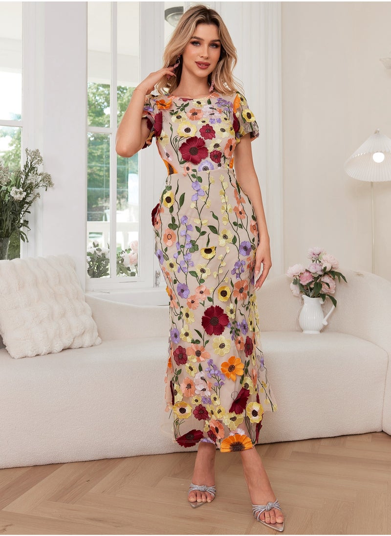 New Luxury Round Neck Embroidered 3D Floral Puff Sleeve Mid-Length Dress