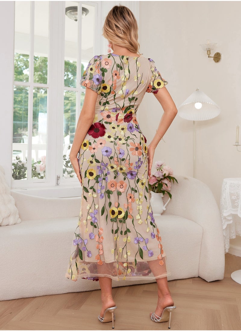 New Luxury Round Neck Embroidered 3D Floral Puff Sleeve Mid-Length Dress