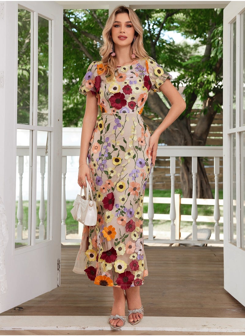 New Luxury Round Neck Embroidered 3D Floral Puff Sleeve Mid-Length Dress