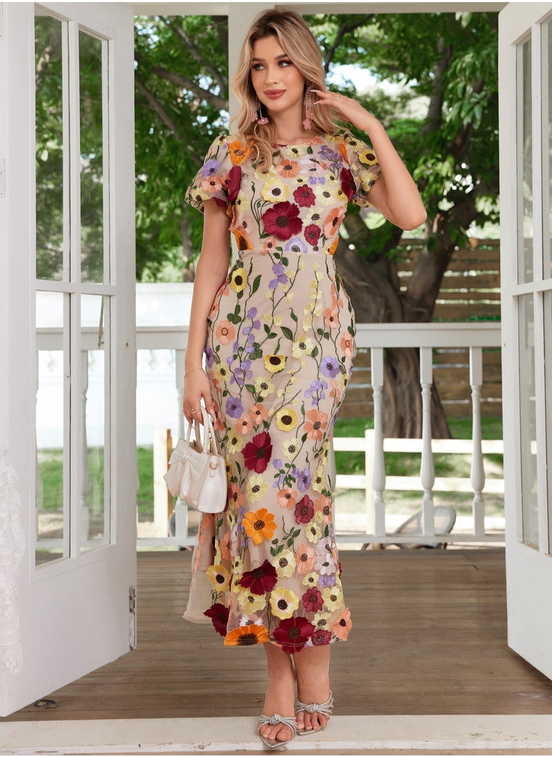 New Luxury Round Neck Embroidered 3D Floral Puff Sleeve Mid-Length Dress