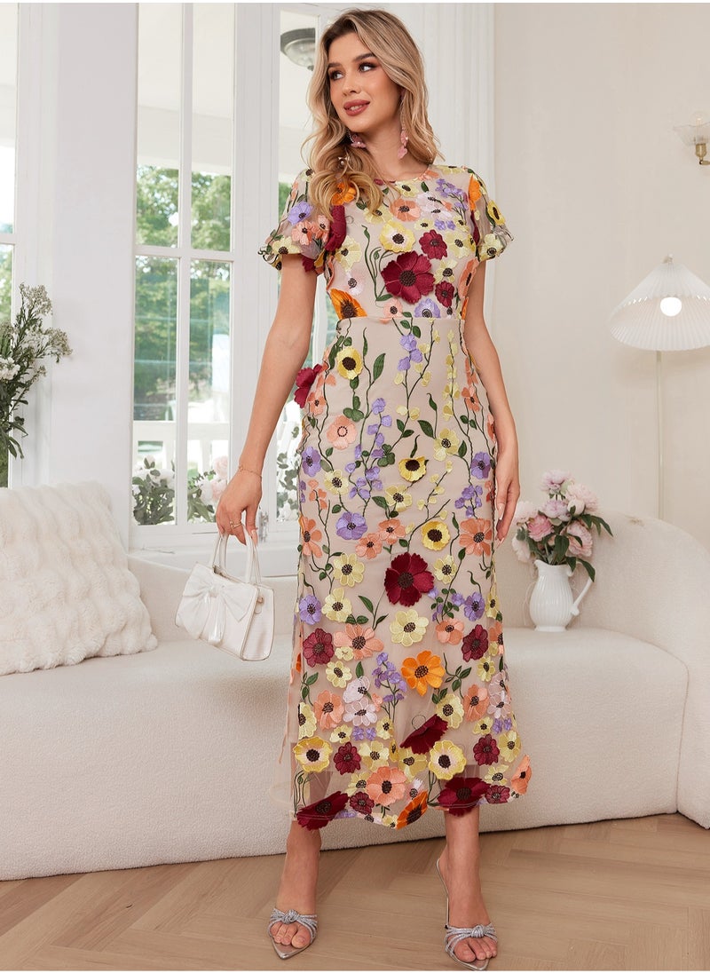 New Luxury Round Neck Embroidered 3D Floral Puff Sleeve Mid-Length Dress