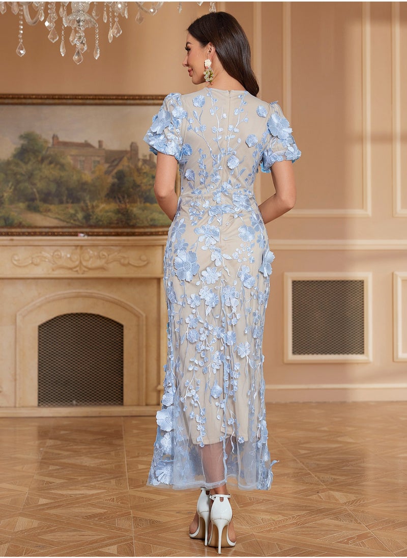 New Blue Luxury Round Neck Embroidered 3D Floral Puff Sleeve Mid-Length Dress