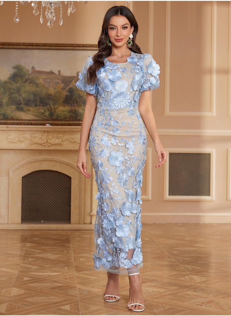 New Blue Luxury Round Neck Embroidered 3D Floral Puff Sleeve Mid-Length Dress