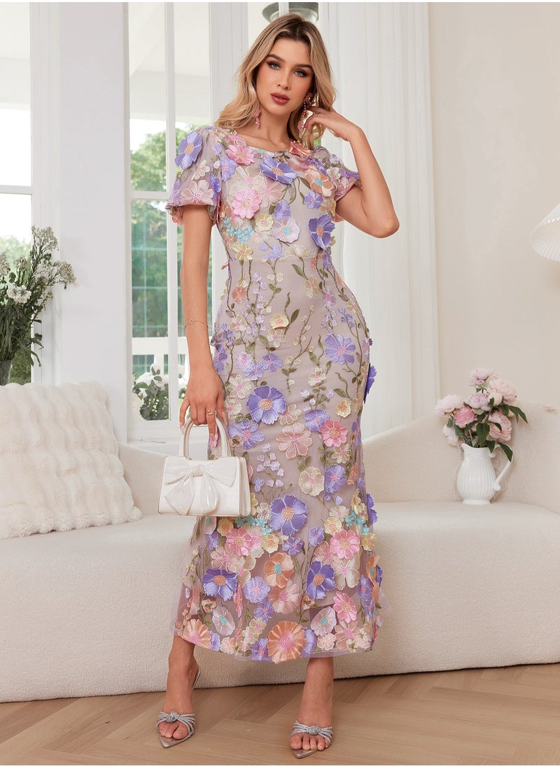 New Purple Luxury Round Neck Embroidered 3D Floral Puff Sleeve Mid-Length Dress