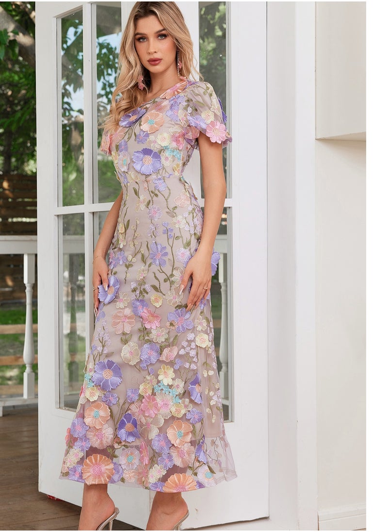 New Purple Luxury Round Neck Embroidered 3D Floral Puff Sleeve Mid-Length Dress